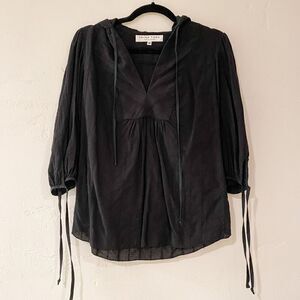 Trina Turk Hooded V Neck Cotton Blouse in Black Medium